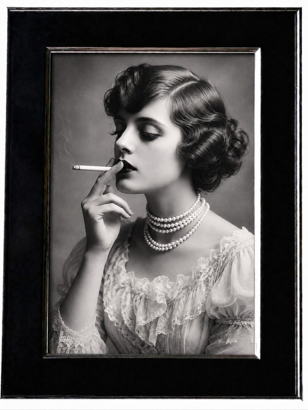 Victorian Art Woman Smoking Black And White Framed Photo Print Vintage Decor